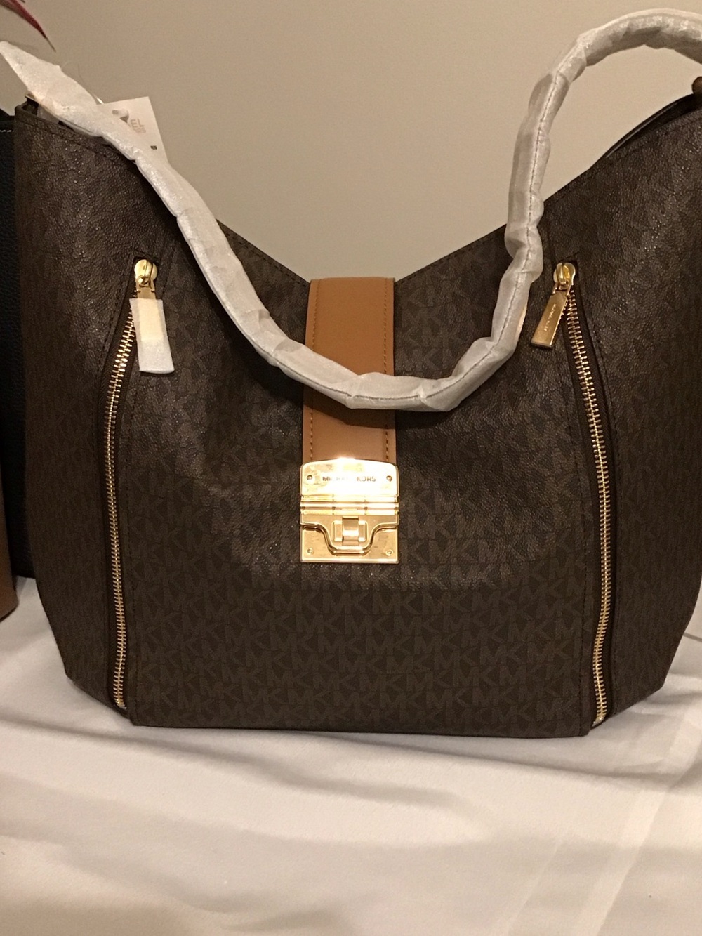 Michael Kors Brown and Tan Signature Logo Tote with Gold Hardware